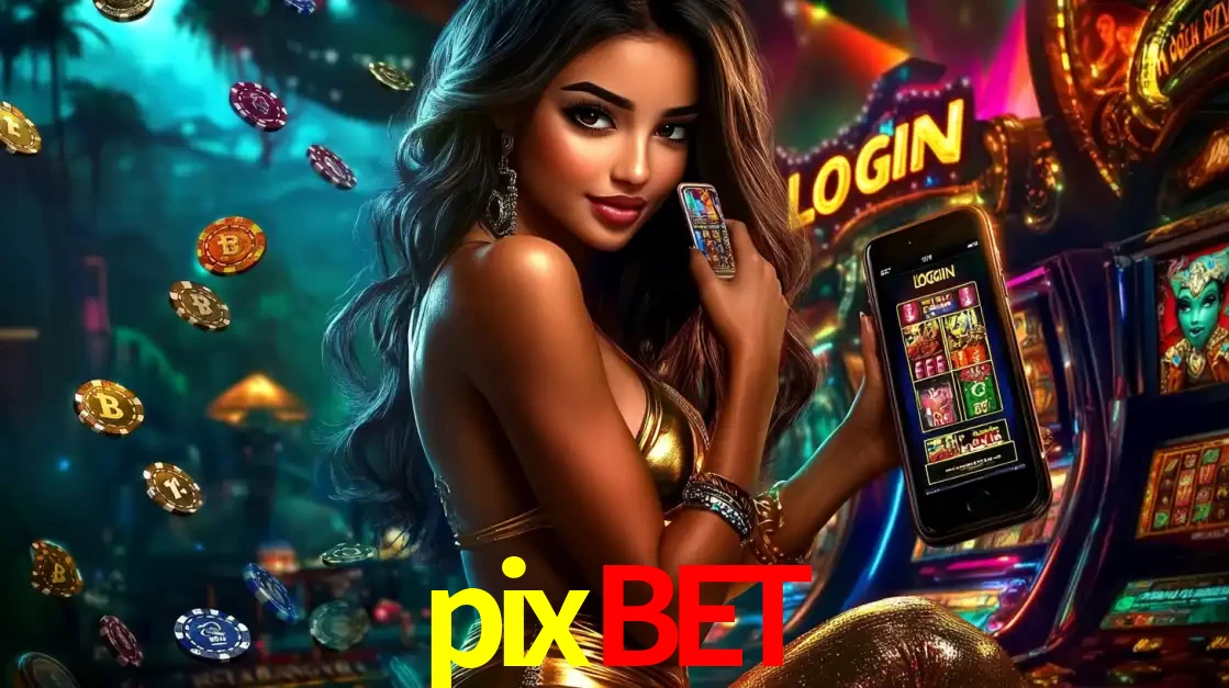 Mulher em um cenário de cassino temático de aventura, mostrando o app de caça-níqueis da pixbet no celular. Fichas de apostas flutuam ao redor.