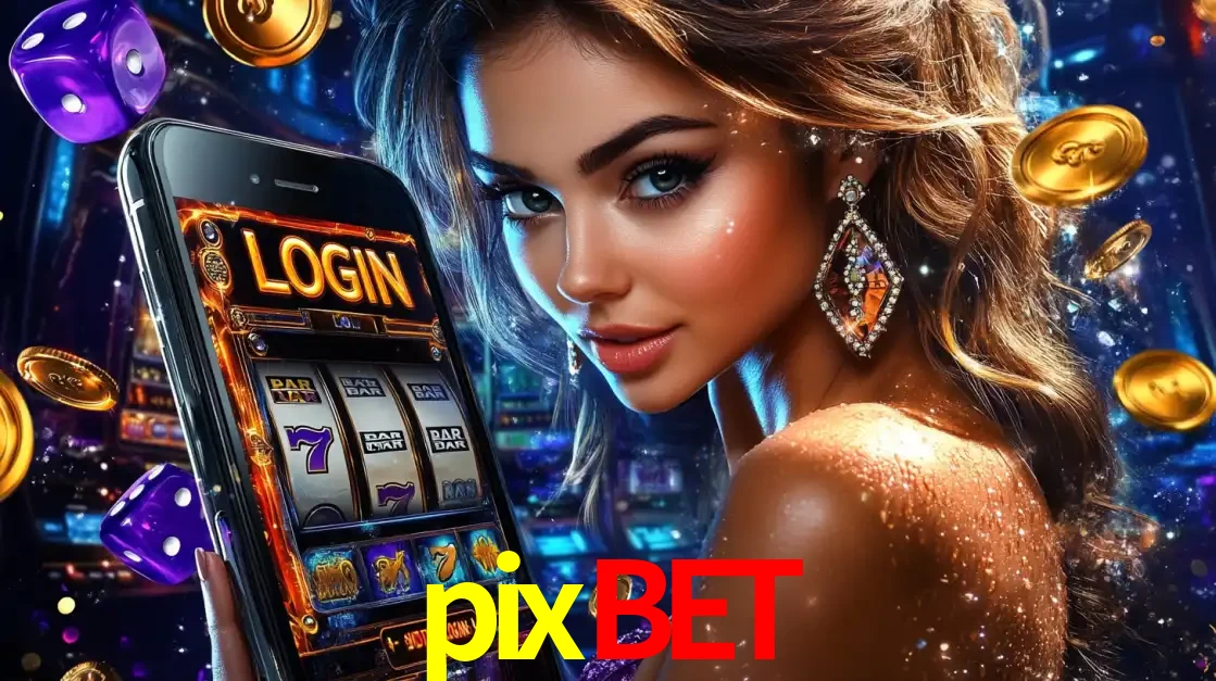 Mulher glamorosa segurando um smartphone com a tela de login para os jogos de caça-níqueis do cassino online pixbet, com moedas de ouro e dados ao redor.