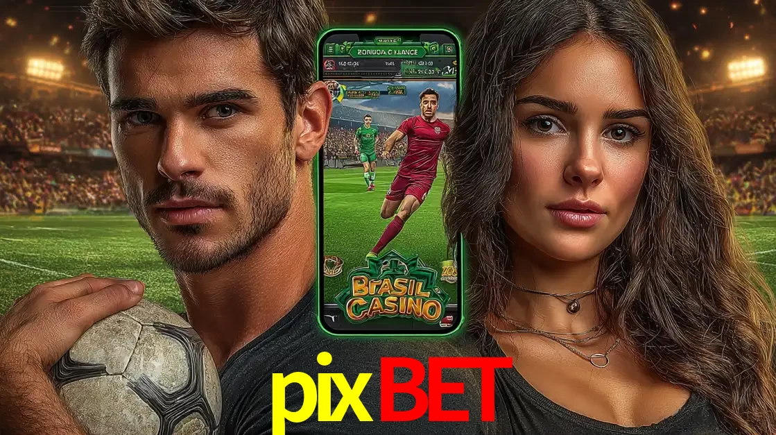 Homem segurando uma bola de futebol e uma mulher ao lado de um smartphone exibindo o jogo de apostas esportivas da pixbet. Faça seu palpite no cassino online.